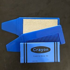 Vintage Crayola CRAYON Blue Pocket Comb & Mirror 3pc Set 6" Collectible 80's NOS